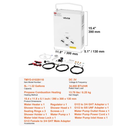 Portable Propane Water Heater 5L Tankless Outdoor Water Heater 34000 BTU