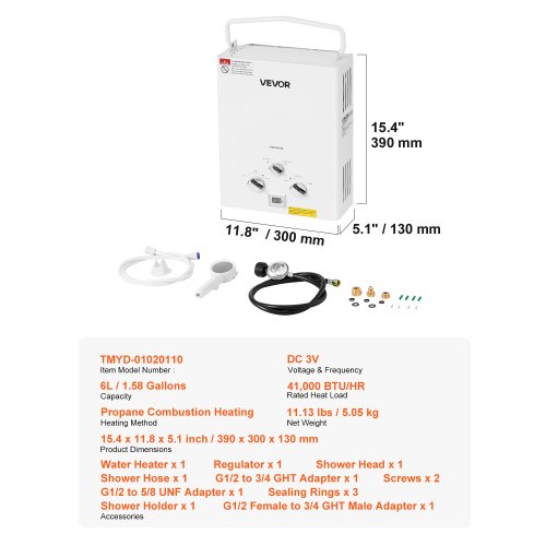 Portable Propane Water Heater 6L Tankless Outdoor Water Heater 41000 BTU