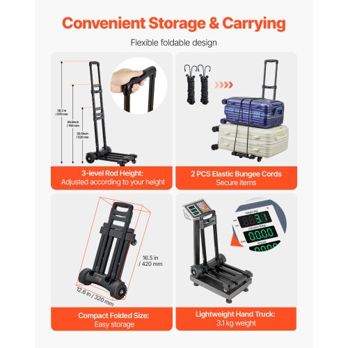 Folding Hand Truck 290 lbs Load Capacity Collapsible Luggage Cart with 4