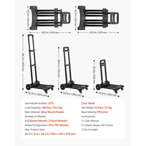 Folding Hand Truck 290 lbs Load Capacity Collapsible Luggage Cart with 4