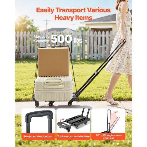 Folding Hand Truck 500 lbs Load Capacity Collapsible Luggage Cart with 6