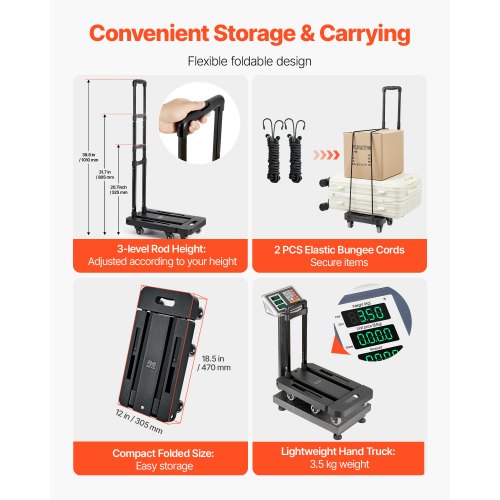 Folding Hand Truck 500 lbs Load Capacity Collapsible Luggage Cart with 6