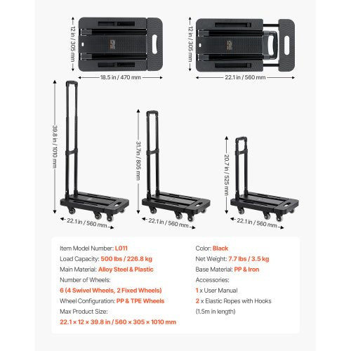 Folding Hand Truck 500 lbs Load Capacity Collapsible Luggage Cart with 6