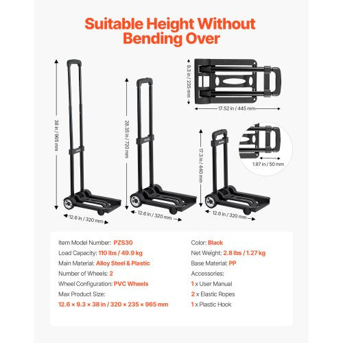 Folding Hand Truck 110 lbs Load Capacity Collapsible Luggage Cart with 2