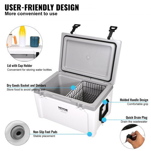 Insulated Portable Cooler 52 qt Holds 50 Cans Ice Retention Hard Cooler