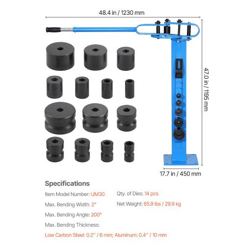 Manual Bending Machine Pipe Tube Bender with 14 Bending Dies 200°