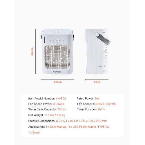 Portable Air Conditioner 4in1 Evaporative Air Cooler 700ml Water Tank