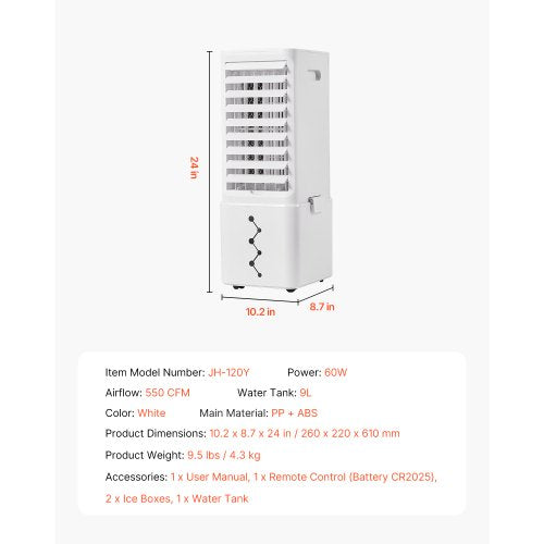 Portable Air Conditioner 9L 550 CFM Swamp Cooler Air Conditioner with 12H
