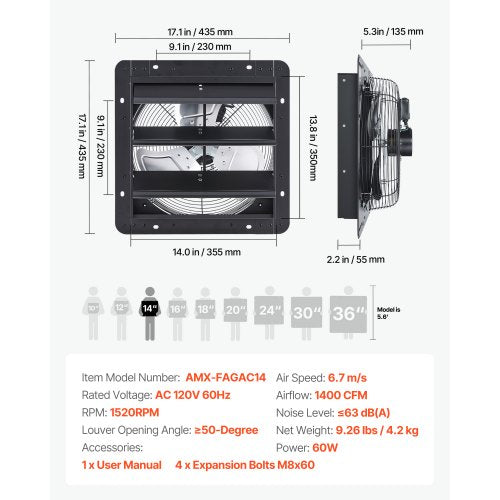 14 inch Shutter Exhaust Fan Wall Mounted Attic Vent Fan with Variable Speed