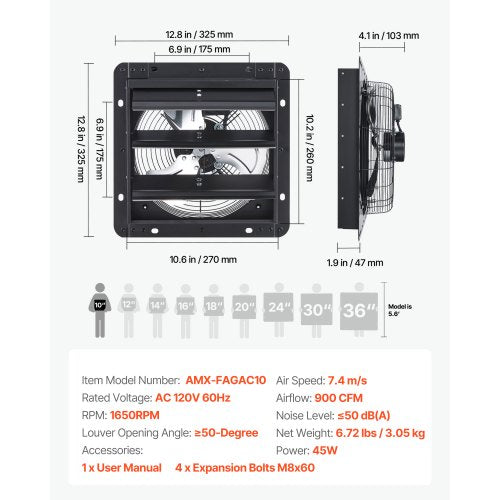 10 inch Shutter Exhaust Fan Wall Mounted Attic Vent Fan with Variable Speed