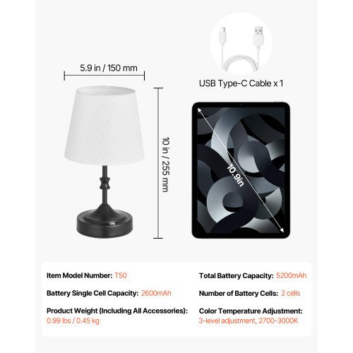 Cordless Table Lamp 5200mAh Builtin Rechargeable Battery Small Desk Lamp