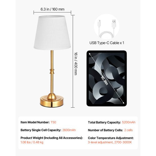 Cordless Table Lamp 5200mAh Builtin Rechargeable Battery Desk Lamp