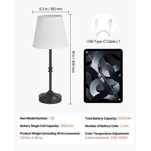 Cordless Table Lamp 5200mAh Builtin Rechargeable Battery Desk Lamp