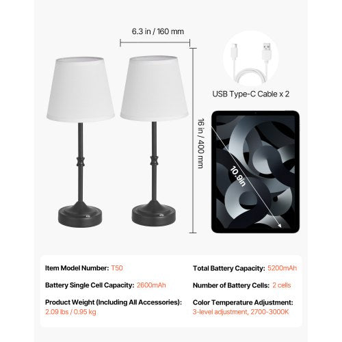Cordless Table Lamp 2 Pack 5200mAh Builtin Rechargeable Battery Desk