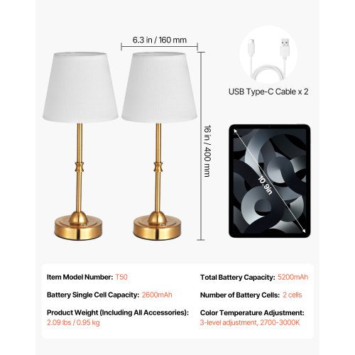 Cordless Table Lamp 2 Pack 5200mAh Builtin Rechargeable Battery Desk