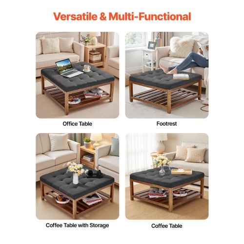 Large Square Ottoman Coffee Table 34.5 Inch Tufted Coffee Table with Solid