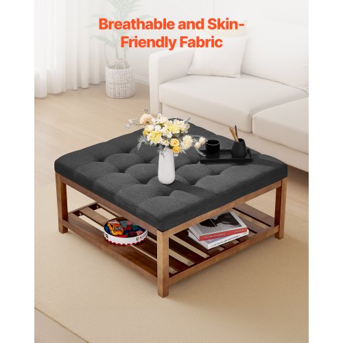 Large Square Ottoman Coffee Table 34.5 Inch Tufted Coffee Table with Solid