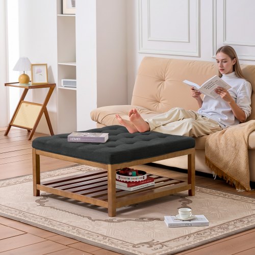 Large Square Ottoman Coffee Table 34.5 Inch Tufted Coffee Table with Solid