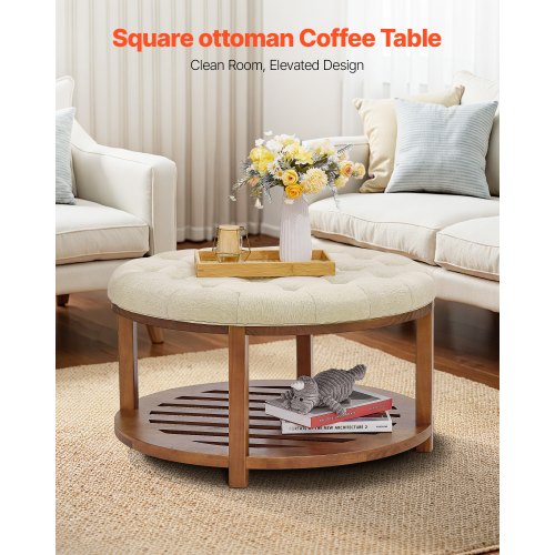 Large Round Ottoman Coffee Table 31.9 Inch Tufted Coffee Table with Solid