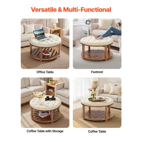 Large Round Ottoman Coffee Table 31.9 Inch Tufted Coffee Table with Solid
