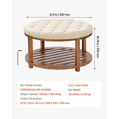 Large Round Ottoman Coffee Table 31.9 Inch Tufted Coffee Table with Solid