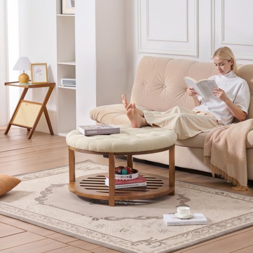 Large Round Ottoman Coffee Table 31.9 Inch Tufted Coffee Table with Solid