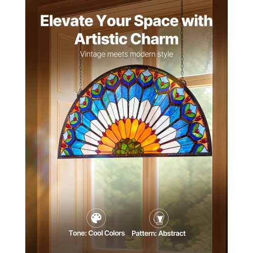 Stained Glass Window Panel 36 x 18 in Tiffany Style Hanging Transom Window