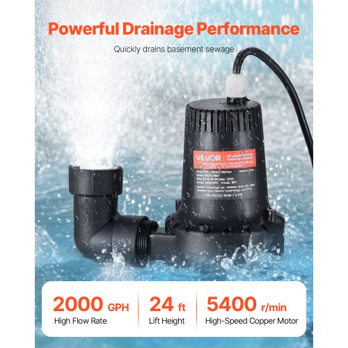 Basement Emergency BackUp Sump Pump 2000GPH 017 HP Backup Sump Pump