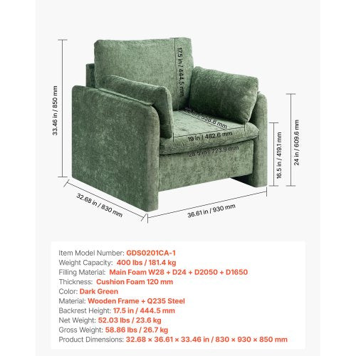 Green Accent Chair Modern Upholstered Accent Chair with Armrests Cloth Arm