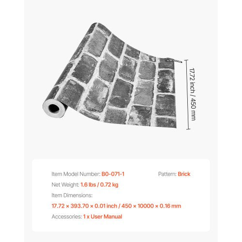 Peel and Stick Wallpaper 177 x 393.7 inch Contact Paper Gray Brick