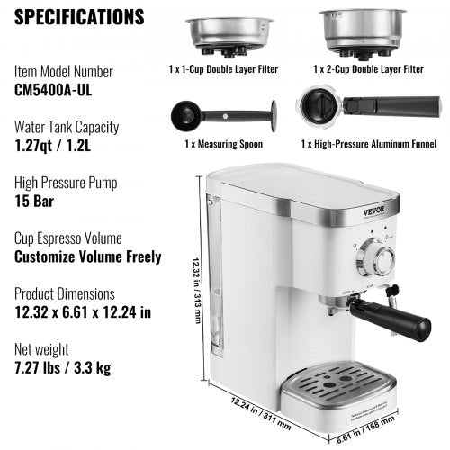 Espresso Coffee Machine 15Bar SemiAutomatic Espresso Maker with Milk