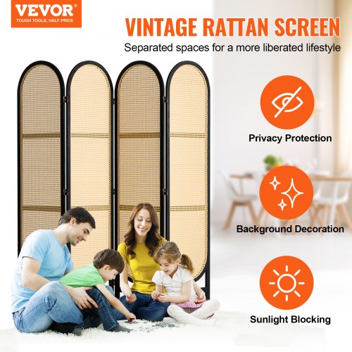 4 Panel Room Divider HandWoven Rattan Folding Privacy Screens with Hinges