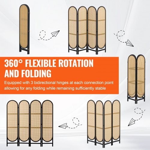 4 Panel Room Divider HandWoven Rattan Folding Privacy Screens with Hinges