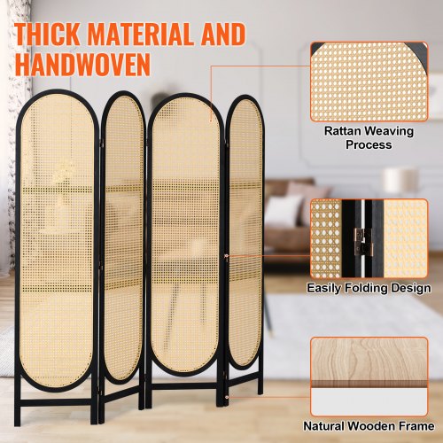 4 Panel Room Divider HandWoven Rattan Folding Privacy Screens with Hinges