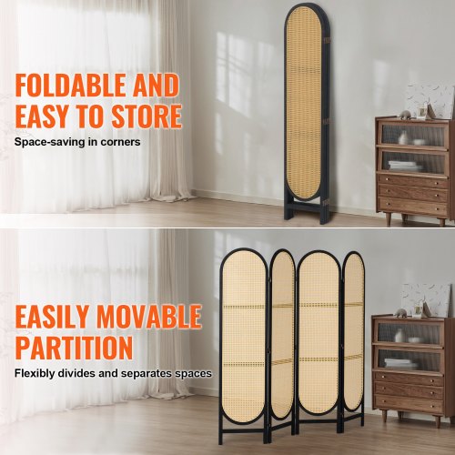 4 Panel Room Divider HandWoven Rattan Folding Privacy Screens with Hinges