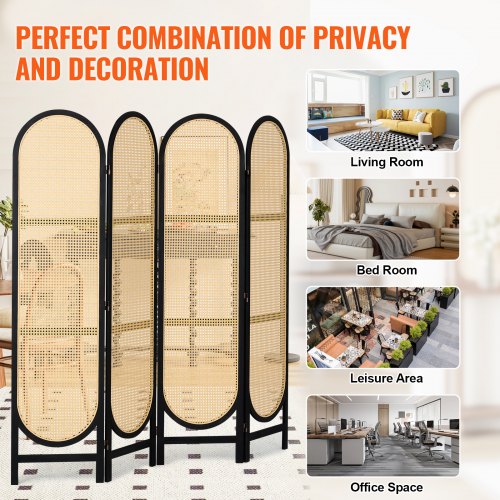 4 Panel Room Divider HandWoven Rattan Folding Privacy Screens with Hinges