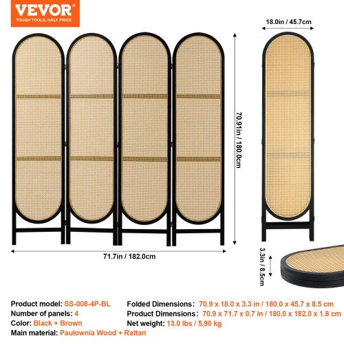 4 Panel Room Divider HandWoven Rattan Folding Privacy Screens with Hinges