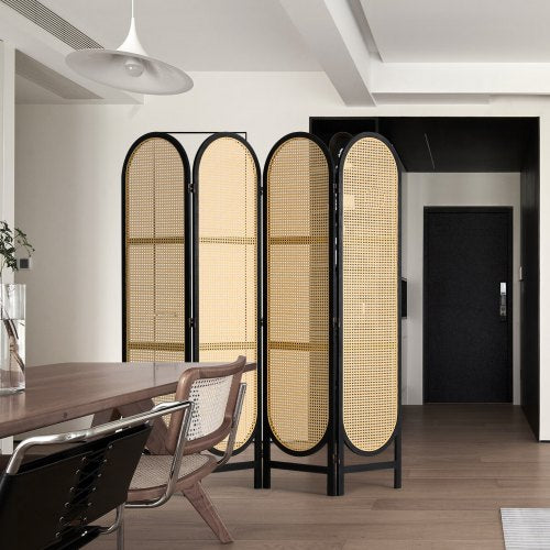 4 Panel Room Divider HandWoven Rattan Folding Privacy Screens with Hinges