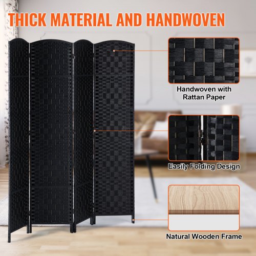 4 Panel Room Divider HandWoven Folding Privacy Screens with Hinges
