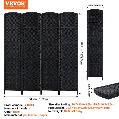4 Panel Room Divider HandWoven Folding Privacy Screens with Hinges