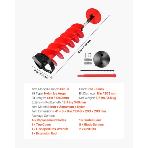 Ice Auger Drill Bit 8In Diameter 41In Length Cordless Nylon Fishing Augers