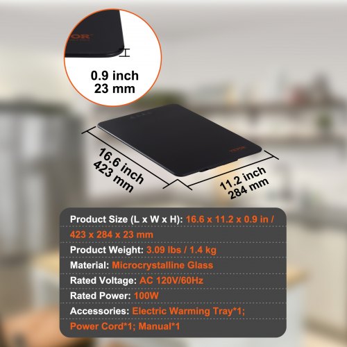 Electric Warming Tray 165 x 11 Portable Tempered Glass Heating Tray