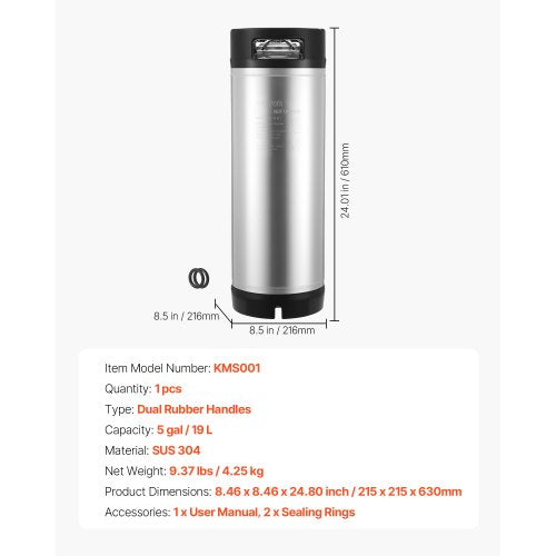 Corny Keg 5 Gallon Ball Lock Keg SUS304 Cold Brew Kegs with Dual Rubber