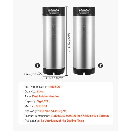 Corny Keg 5 Gallon Ball Lock Keg SUS304 Cold Brew Kegs with Dual Rubber