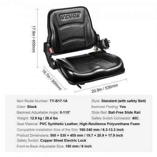 Universal Forklift Seat Fold Down Tractor Seat with Adjustable Angle Back