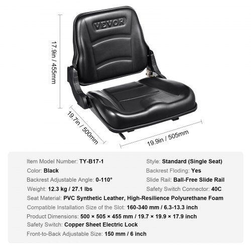 Universal Forklift Seat Fold Down Tractor Seat with Adjustable Angle Back