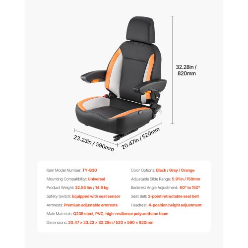 Universal Forklift Seat Tractor Seat with Adjustable Back Armrest