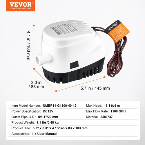 Bilge Pump 1100GPH 12V Automatic Submersible Boat Bilge Water Pump with Float