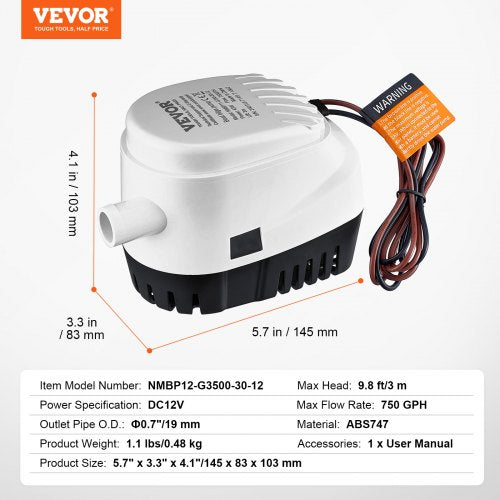 Bilge Pump 750GPH 12V Automatic Submersible Boat Bilge Water Pump with Float