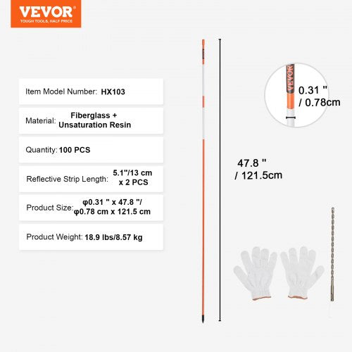 Driveway Markers 100 PCS 48 inch 0.4 inch Diameter Orange Fiberglass